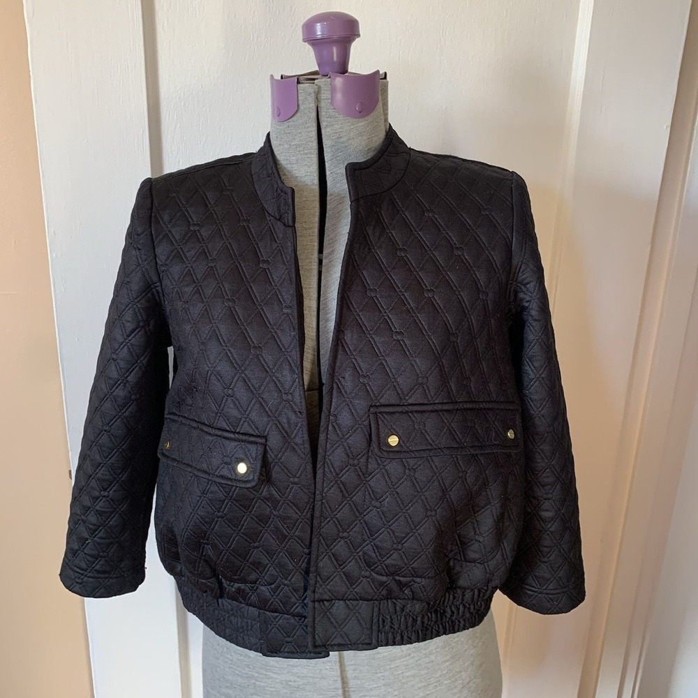 Black Quilted Bomber Jacket Sz PS Gold Buttons On Front Pocket Boxy Comfy Flaw